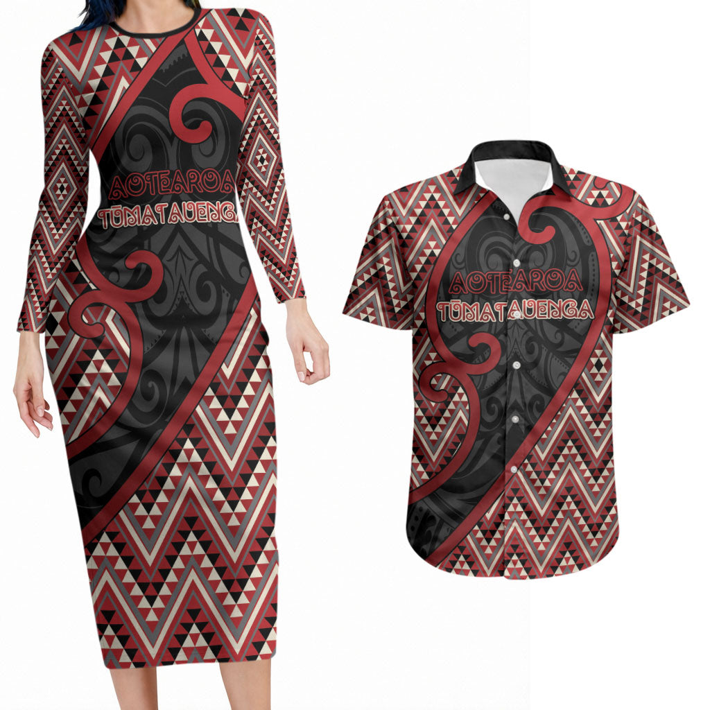 Custom Aotearoa Atua Tumatauenga Couples Matching Long Sleeve Bodycon Dress and Hawaiian Shirt God Of War Koru Patterns