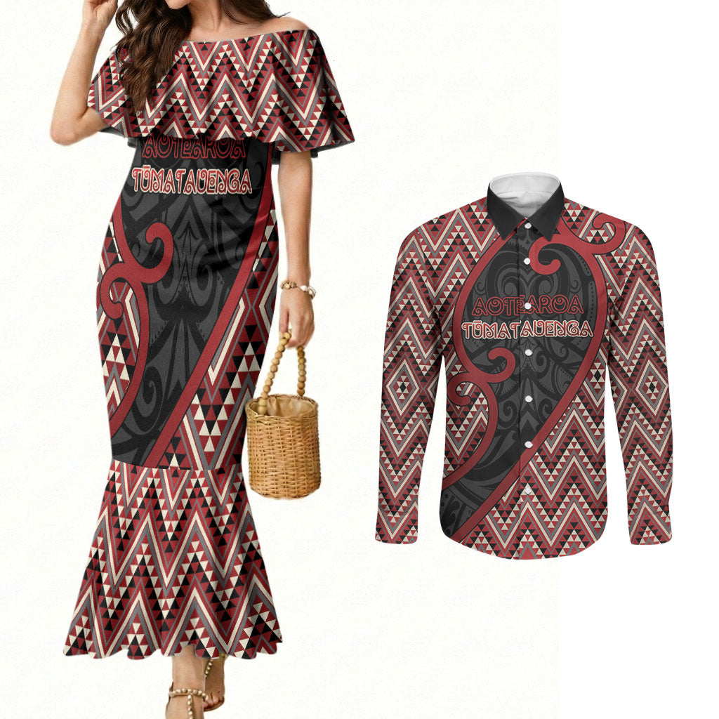 Custom Aotearoa Atua Tumatauenga Couples Matching Mermaid Dress and Long Sleeve Button Shirt God Of War Koru Patterns