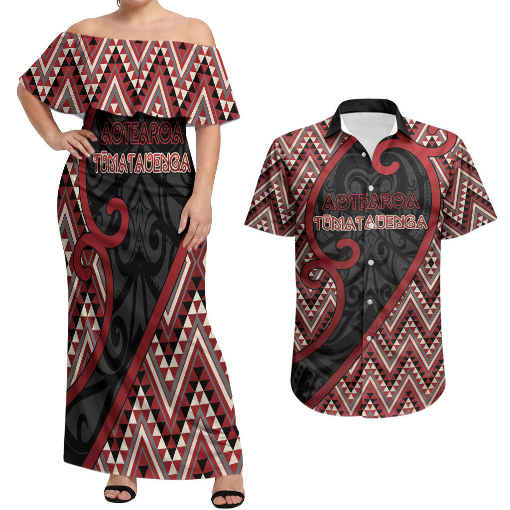Custom Aotearoa Atua Tumatauenga Couples Matching Off Shoulder Maxi Dress and Hawaiian Shirt God Of War Koru Patterns