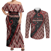 Custom Aotearoa Atua Tumatauenga Couples Matching Off Shoulder Maxi Dress and Long Sleeve Button Shirt God Of War Koru Patterns
