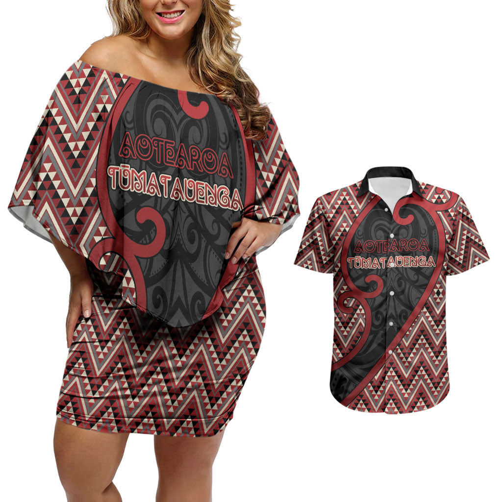 Custom Aotearoa Atua Tumatauenga Couples Matching Off Shoulder Short Dress and Hawaiian Shirt God Of War Koru Patterns