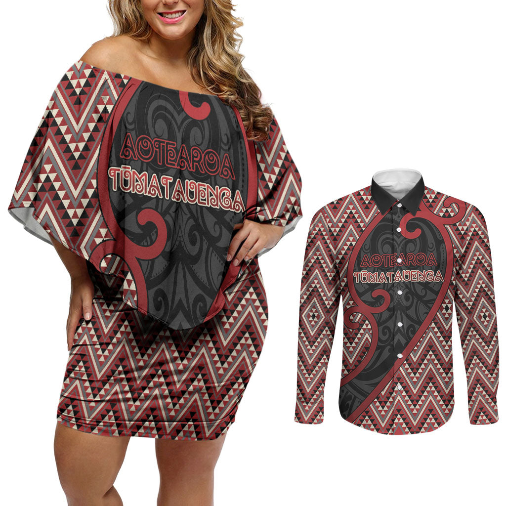 Custom Aotearoa Atua Tumatauenga Couples Matching Off Shoulder Short Dress and Long Sleeve Button Shirt God Of War Koru Patterns
