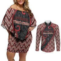 Custom Aotearoa Atua Tumatauenga Couples Matching Off Shoulder Short Dress and Long Sleeve Button Shirt God Of War Koru Patterns