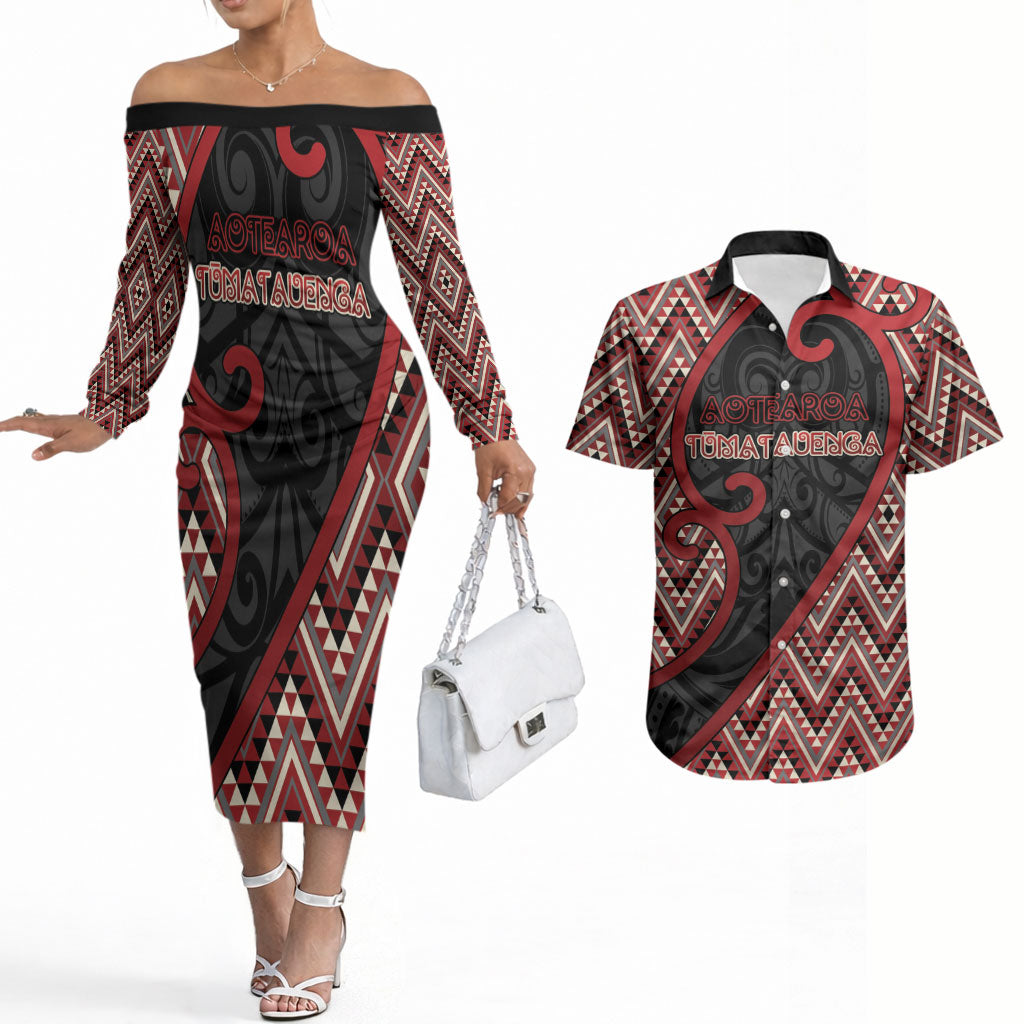Custom Aotearoa Atua Tumatauenga Couples Matching Off The Shoulder Long Sleeve Dress and Hawaiian Shirt God Of War Koru Patterns
