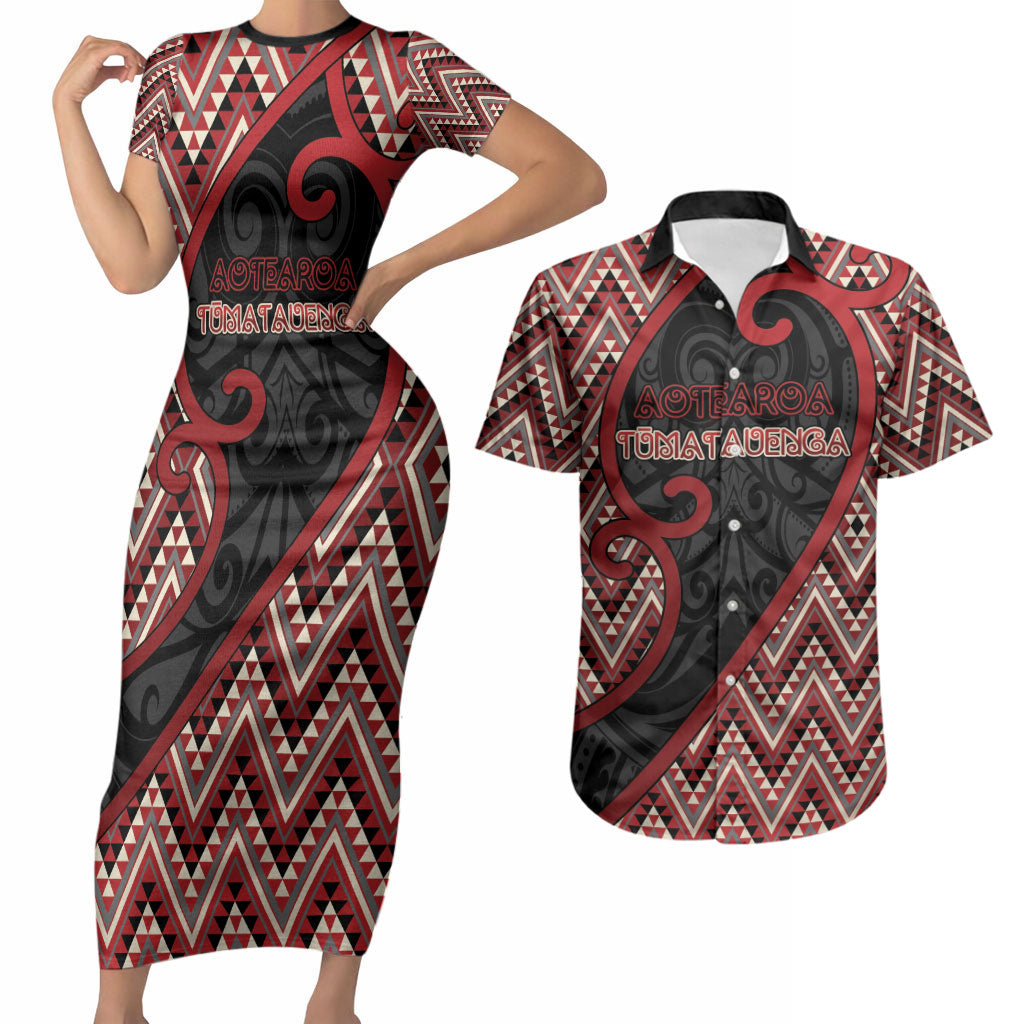 Custom Aotearoa Atua Tumatauenga Couples Matching Short Sleeve Bodycon Dress and Hawaiian Shirt God Of War Koru Patterns