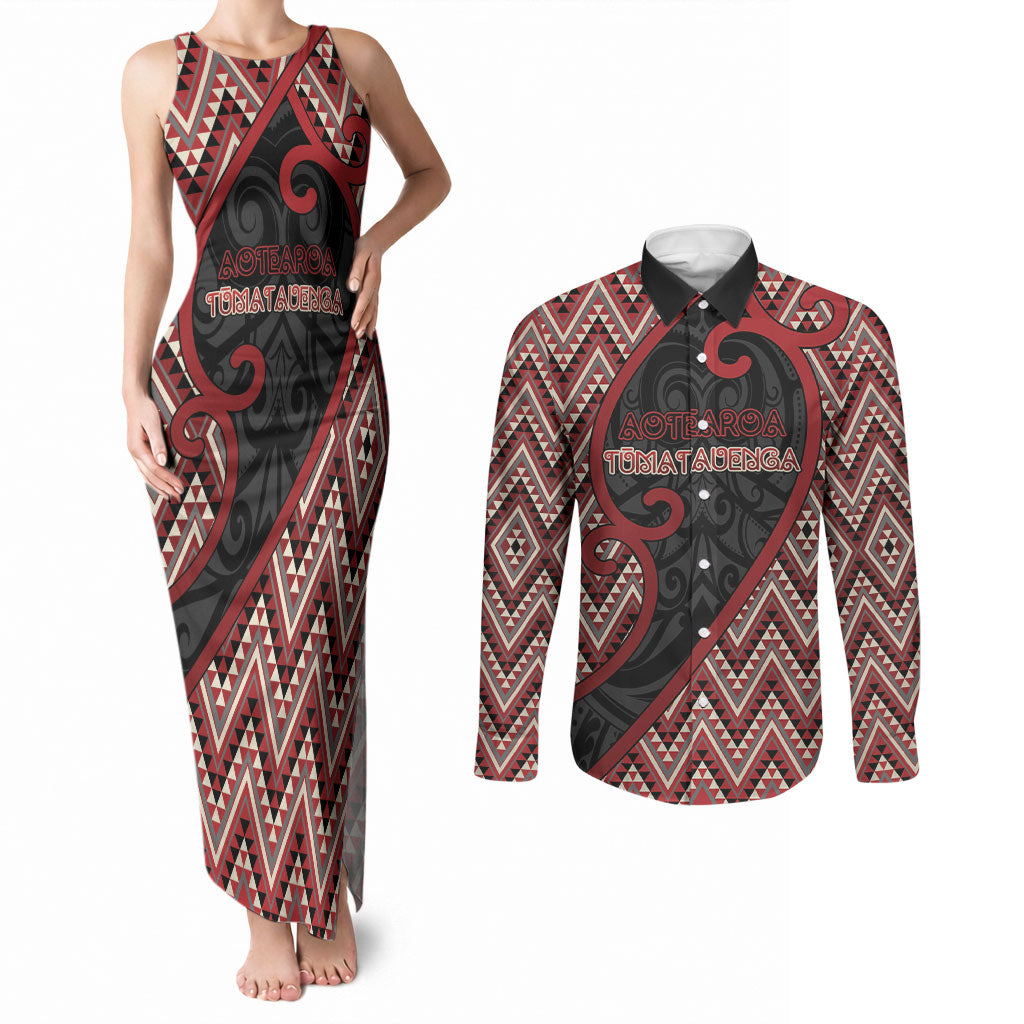Custom Aotearoa Atua Tumatauenga Couples Matching Tank Maxi Dress and Long Sleeve Button Shirt God Of War Koru Patterns