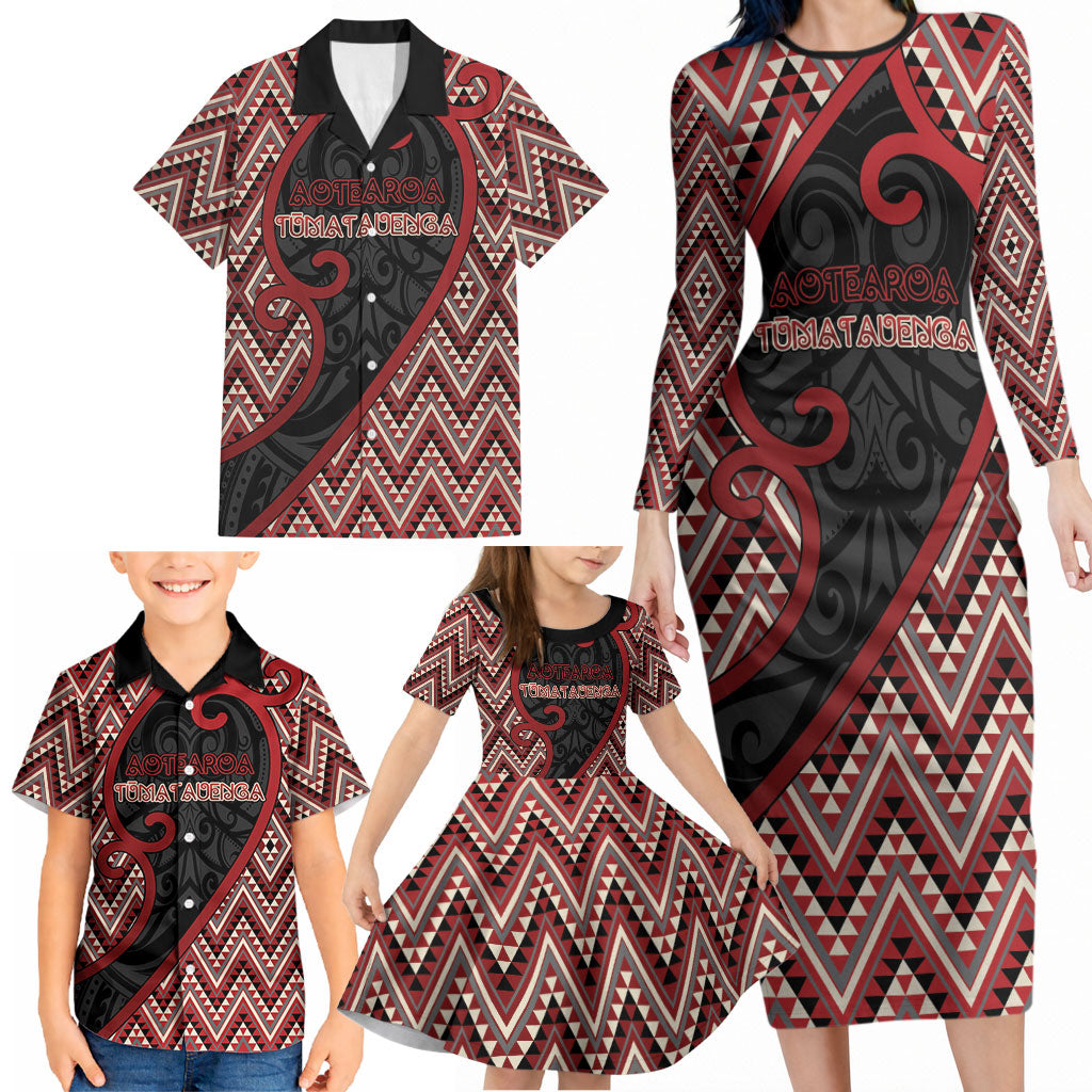 Custom Aotearoa Atua Tumatauenga Family Matching Long Sleeve Bodycon Dress and Hawaiian Shirt God Of War Koru Patterns