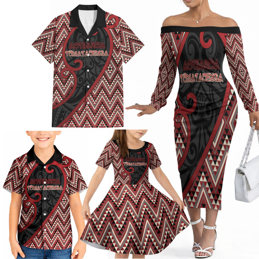 Custom Aotearoa Atua Tumatauenga Family Matching Off The Shoulder Long Sleeve Dress and Hawaiian Shirt God Of War Koru Patterns