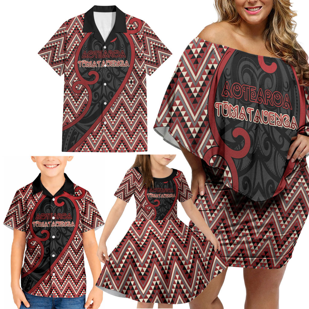 Custom Aotearoa Atua Tumatauenga Family Matching Off Shoulder Short Dress and Hawaiian Shirt God Of War Koru Patterns