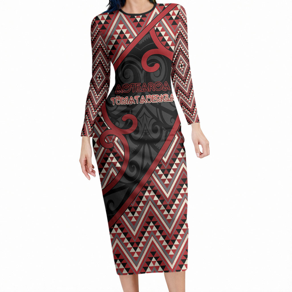 Custom Aotearoa Atua Tumatauenga Long Sleeve Bodycon Dress God Of War Koru Patterns