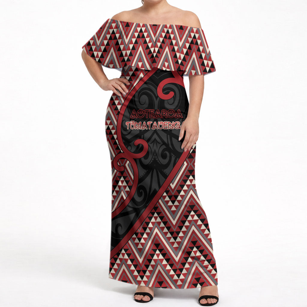Custom Aotearoa Atua Tumatauenga Off Shoulder Maxi Dress God Of War Koru Patterns