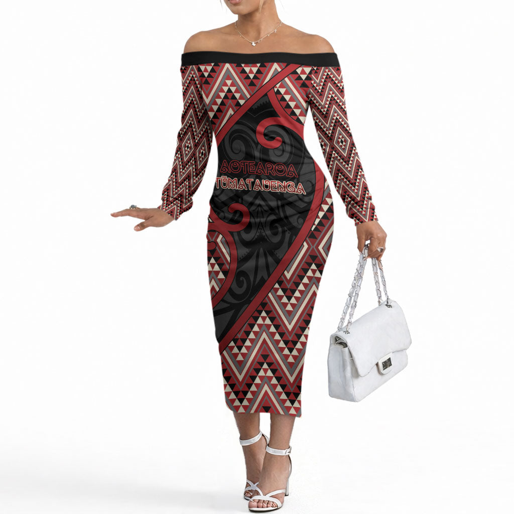 Custom Aotearoa Atua Tumatauenga Off The Shoulder Long Sleeve Dress God Of War Koru Patterns