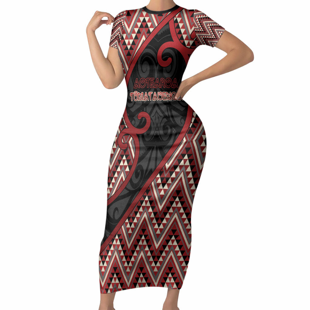 Custom Aotearoa Atua Tumatauenga Short Sleeve Bodycon Dress God Of War Koru Patterns