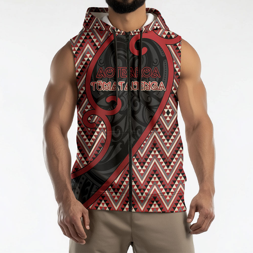 Custom Aotearoa Atua Tumatauenga Sleeveless Zip Hoodie God Of War Koru Patterns