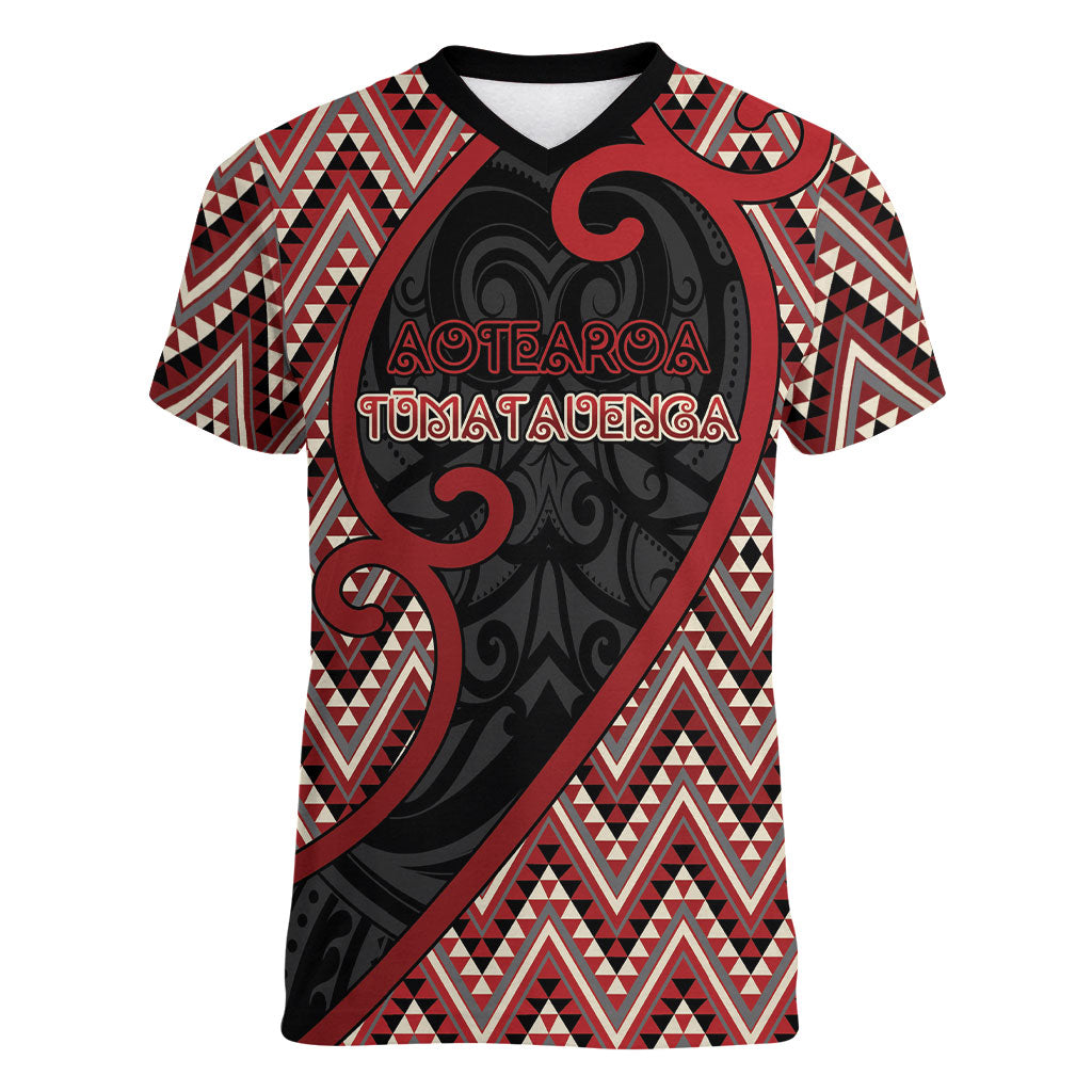 Custom Aotearoa Atua Tumatauenga Women V-Neck T-Shirt God Of War Koru Patterns