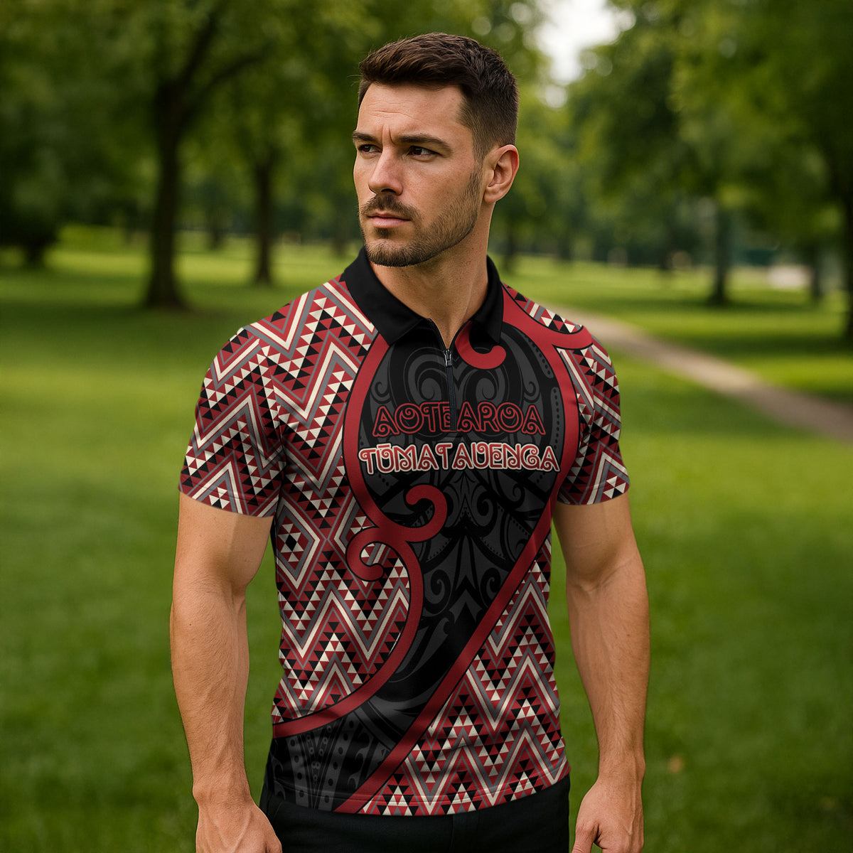 Custom Aotearoa Atua Tumatauenga Zipper Polo Shirt God Of War Koru Patterns