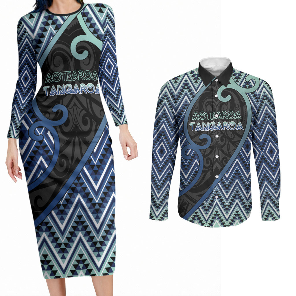 Custom Aotearoa Atua Tangaroa Couples Matching Long Sleeve Bodycon Dress and Long Sleeve Button Shirt God Of Ocean Koru Patterns