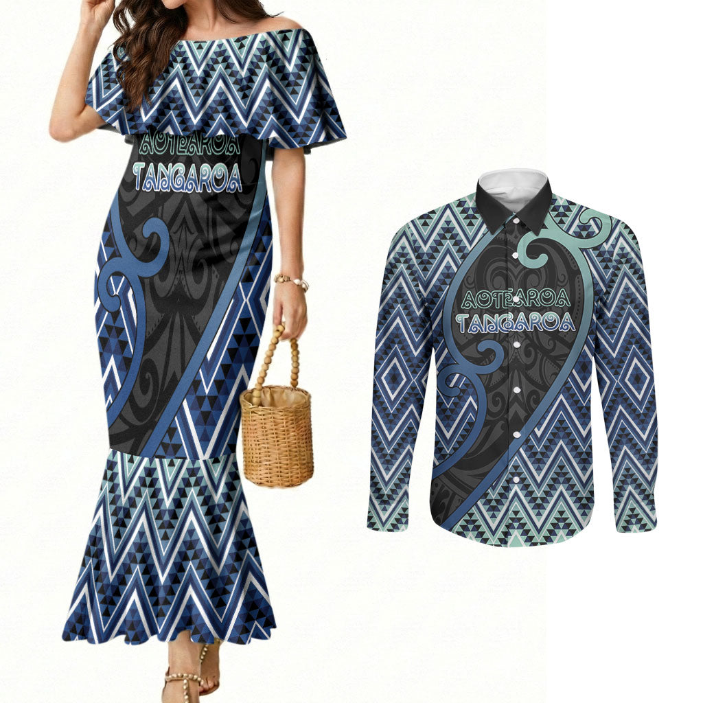 Custom Aotearoa Atua Tangaroa Couples Matching Mermaid Dress and Long Sleeve Button Shirt God Of Ocean Koru Patterns