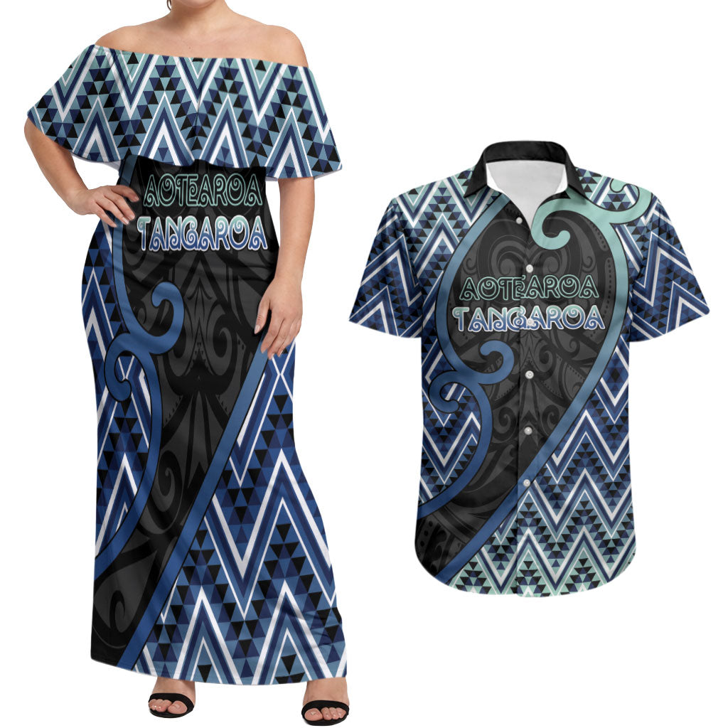 Custom Aotearoa Atua Tangaroa Couples Matching Off Shoulder Maxi Dress and Hawaiian Shirt God Of Ocean Koru Patterns