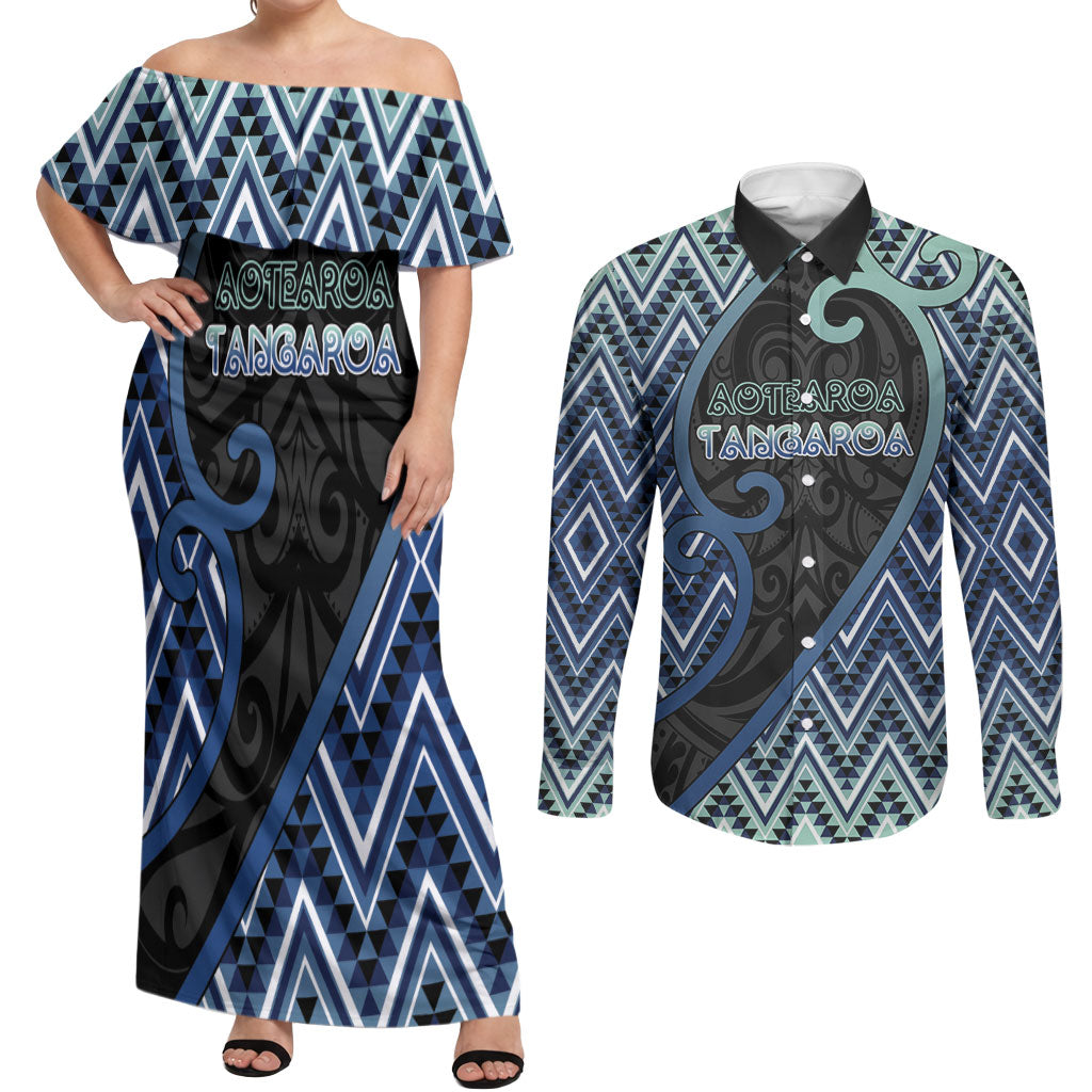 Custom Aotearoa Atua Tangaroa Couples Matching Off Shoulder Maxi Dress and Long Sleeve Button Shirt God Of Ocean Koru Patterns