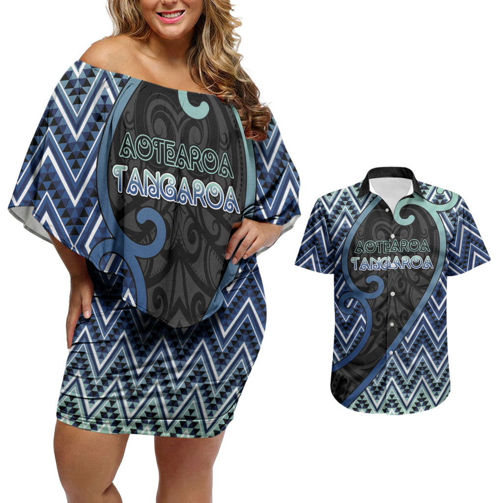 Custom Aotearoa Atua Tangaroa Couples Matching Off Shoulder Short Dress and Hawaiian Shirt God Of Ocean Koru Patterns