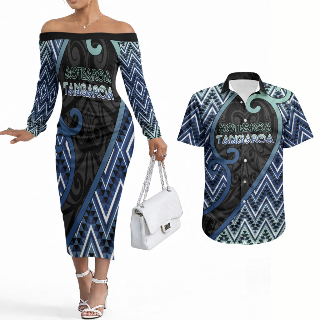 Custom Aotearoa Atua Tangaroa Couples Matching Off The Shoulder Long Sleeve Dress and Hawaiian Shirt God Of Ocean Koru Patterns