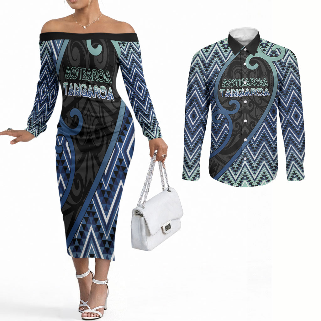Custom Aotearoa Atua Tangaroa Couples Matching Off The Shoulder Long Sleeve Dress and Long Sleeve Button Shirt God Of Ocean Koru Patterns