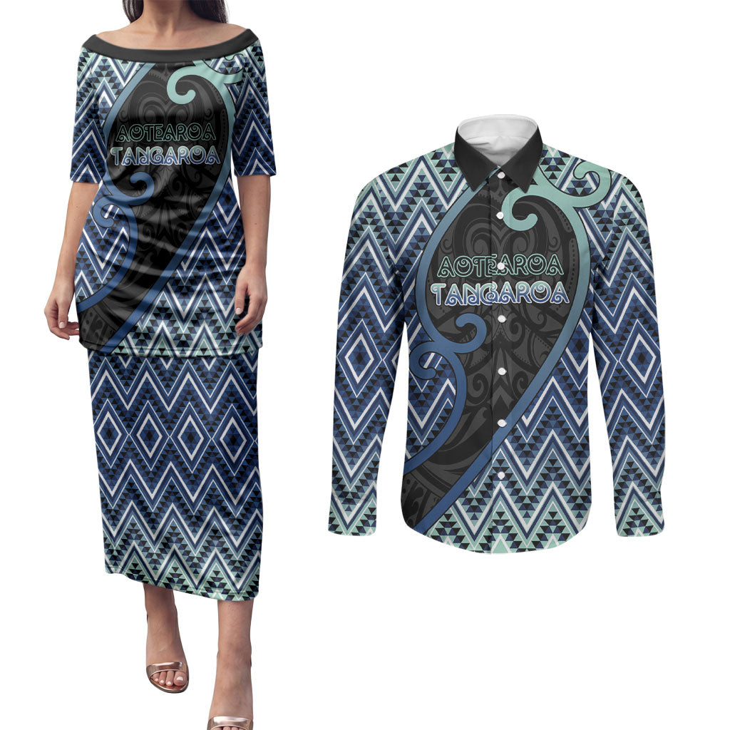 Custom Aotearoa Atua Tangaroa Couples Matching Puletasi and Long Sleeve Button Shirt God Of Ocean Koru Patterns