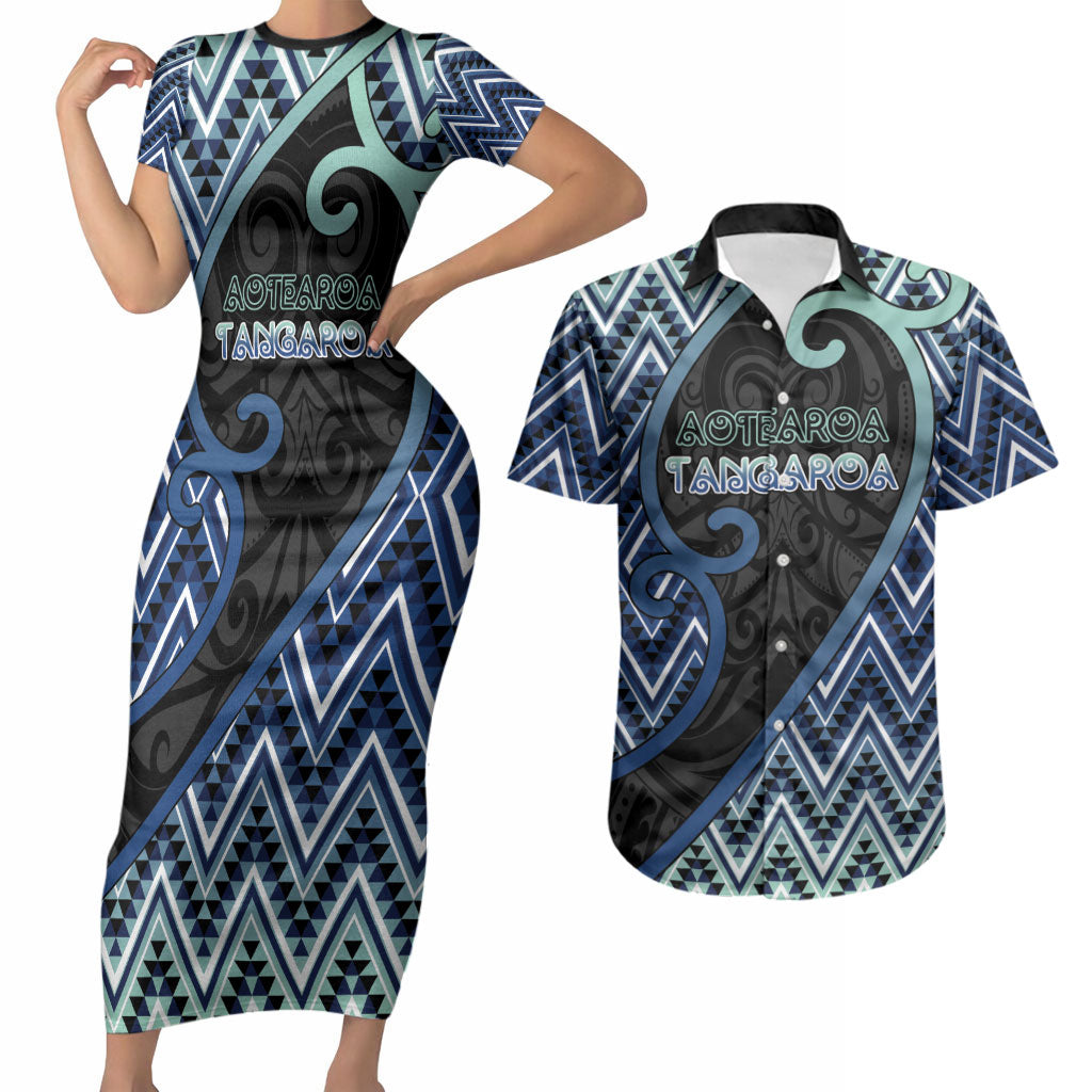 Custom Aotearoa Atua Tangaroa Couples Matching Short Sleeve Bodycon Dress and Hawaiian Shirt God Of Ocean Koru Patterns