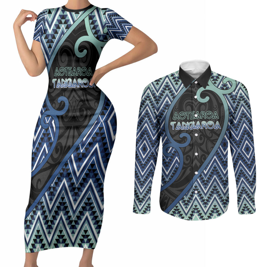 Custom Aotearoa Atua Tangaroa Couples Matching Short Sleeve Bodycon Dress and Long Sleeve Button Shirt God Of Ocean Koru Patterns