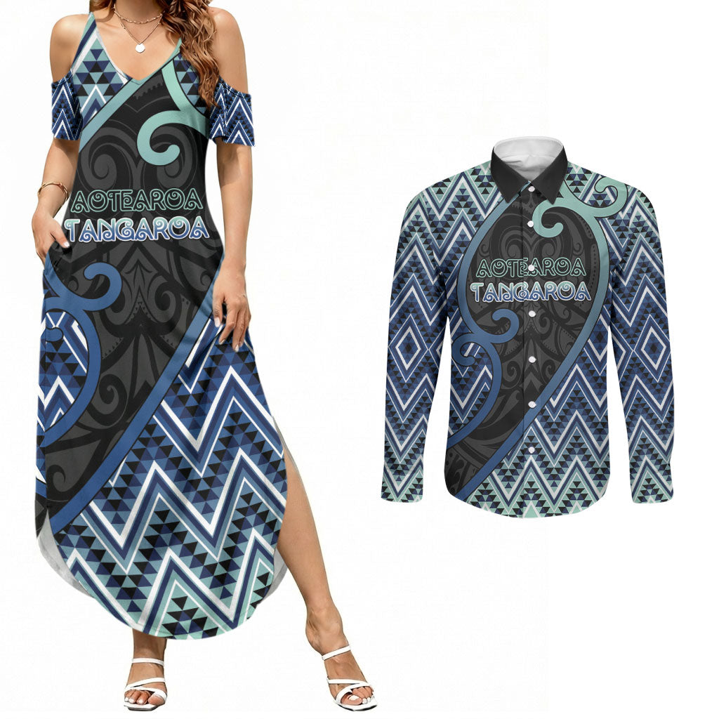 Custom Aotearoa Atua Tangaroa Couples Matching Summer Maxi Dress and Long Sleeve Button Shirt God Of Ocean Koru Patterns