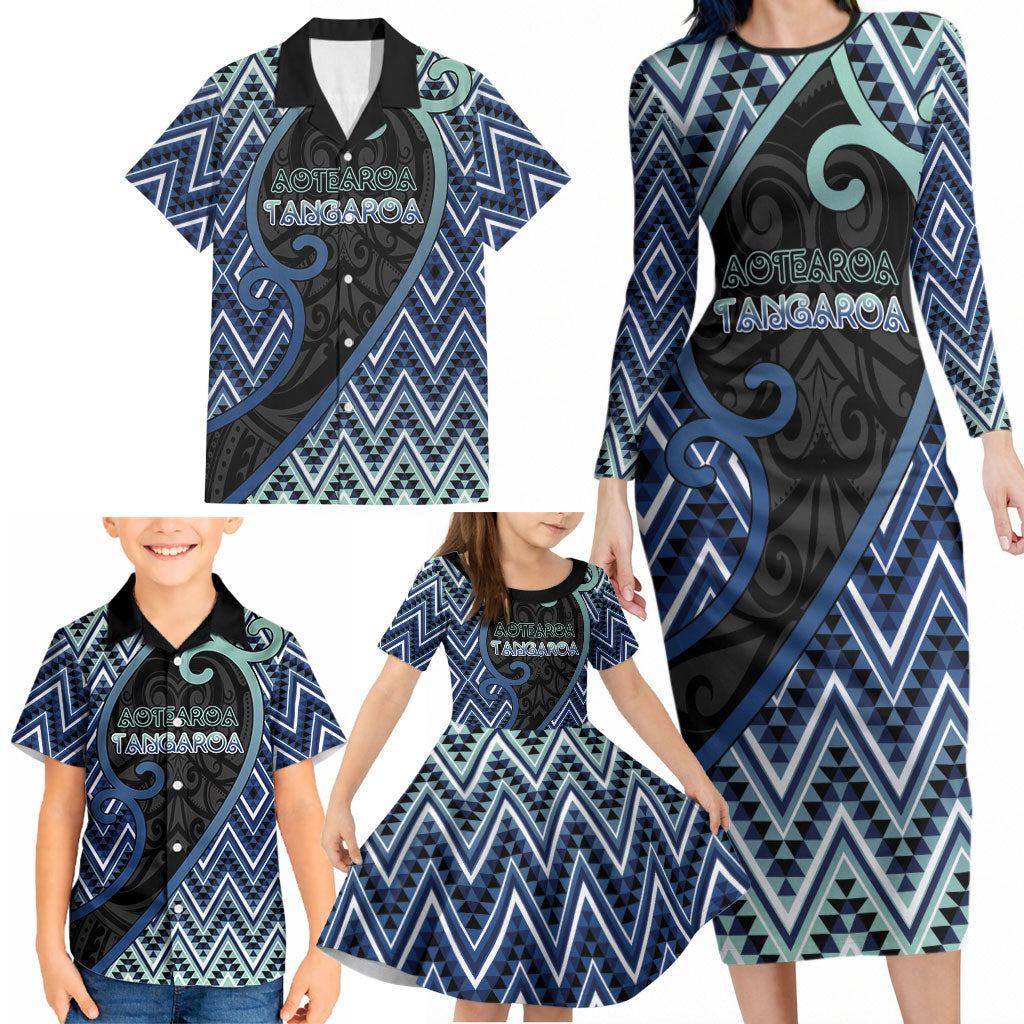 Custom Aotearoa Atua Tangaroa Family Matching Long Sleeve Bodycon Dress and Hawaiian Shirt God Of Ocean Koru Patterns