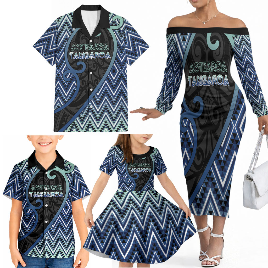 Custom Aotearoa Atua Tangaroa Family Matching Off The Shoulder Long Sleeve Dress and Hawaiian Shirt God Of Ocean Koru Patterns