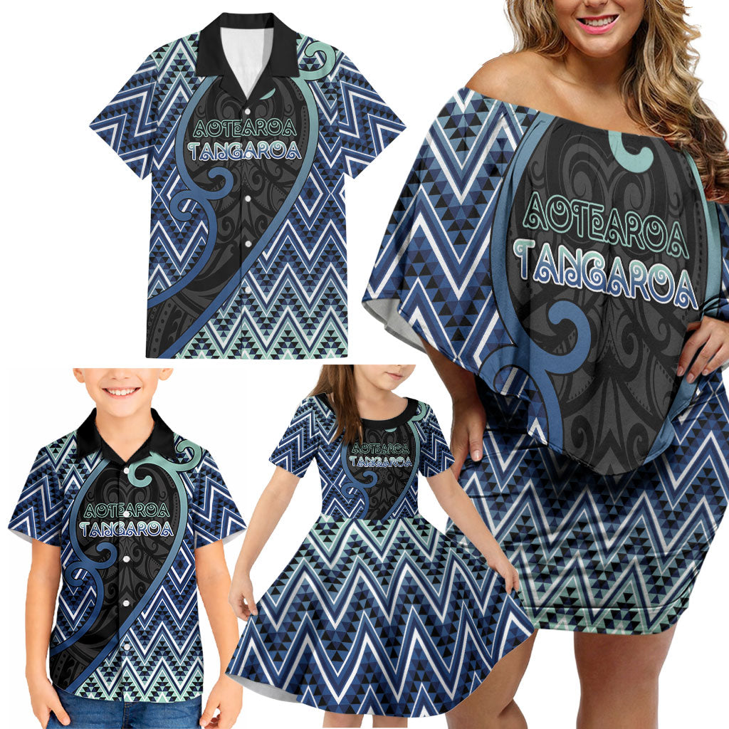 Custom Aotearoa Atua Tangaroa Family Matching Off Shoulder Short Dress and Hawaiian Shirt God Of Ocean Koru Patterns