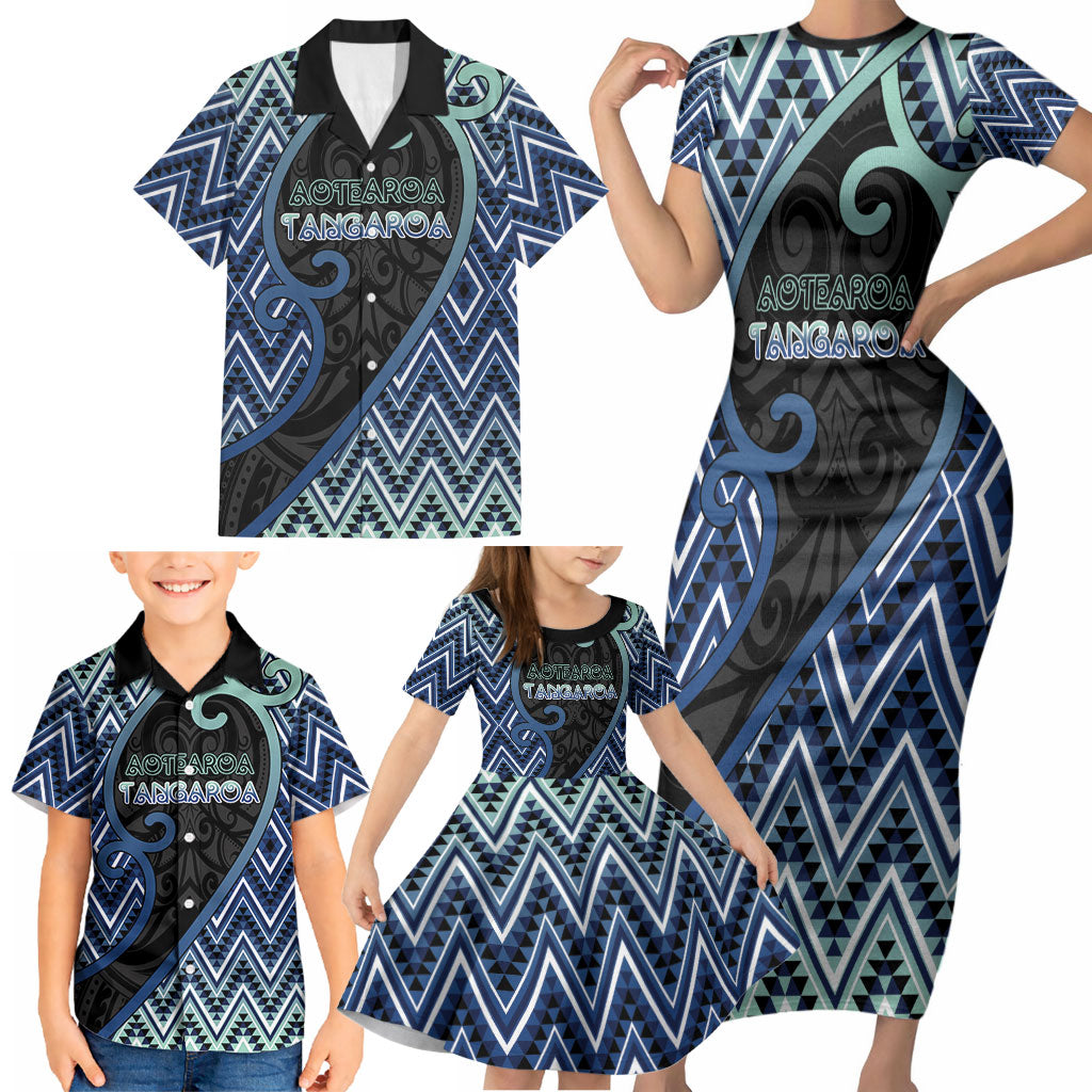 Custom Aotearoa Atua Tangaroa Family Matching Short Sleeve Bodycon Dress and Hawaiian Shirt God Of Ocean Koru Patterns