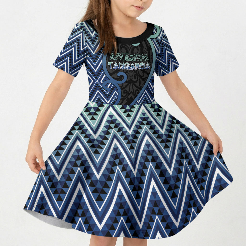 Custom Aotearoa Atua Tangaroa Kid Short Sleeve Dress God Of Ocean Koru Patterns