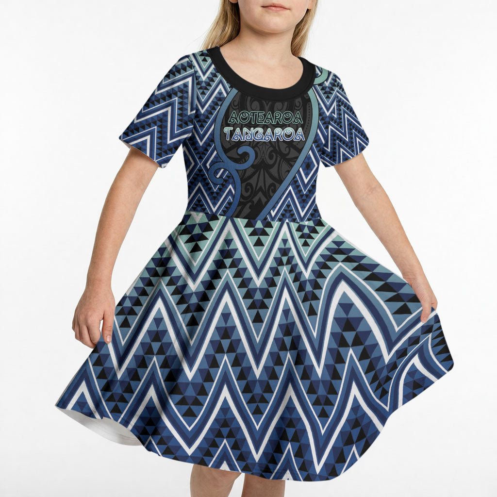 Custom Aotearoa Atua Tangaroa Kid Short Sleeve Dress God Of Ocean Koru Patterns