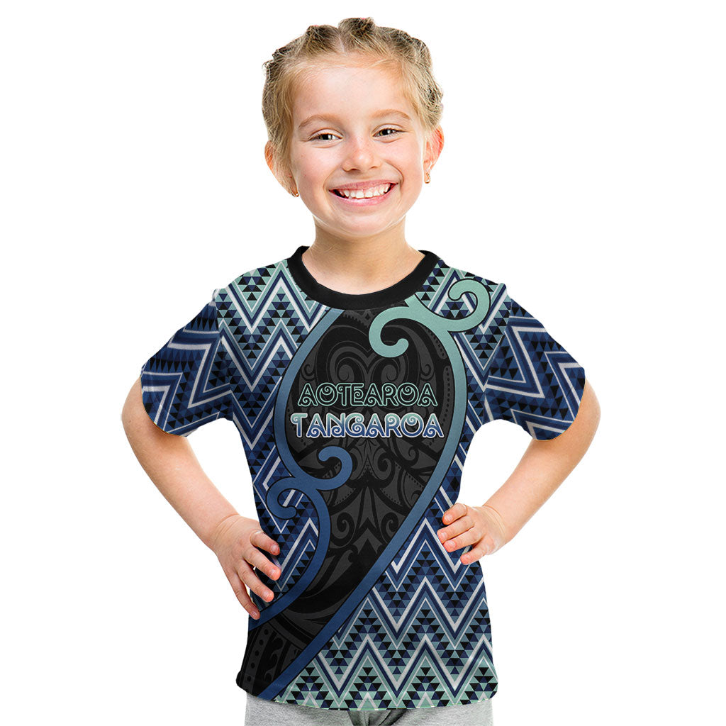 Custom Aotearoa Atua Tangaroa Kid T Shirt God Of Ocean Koru Patterns