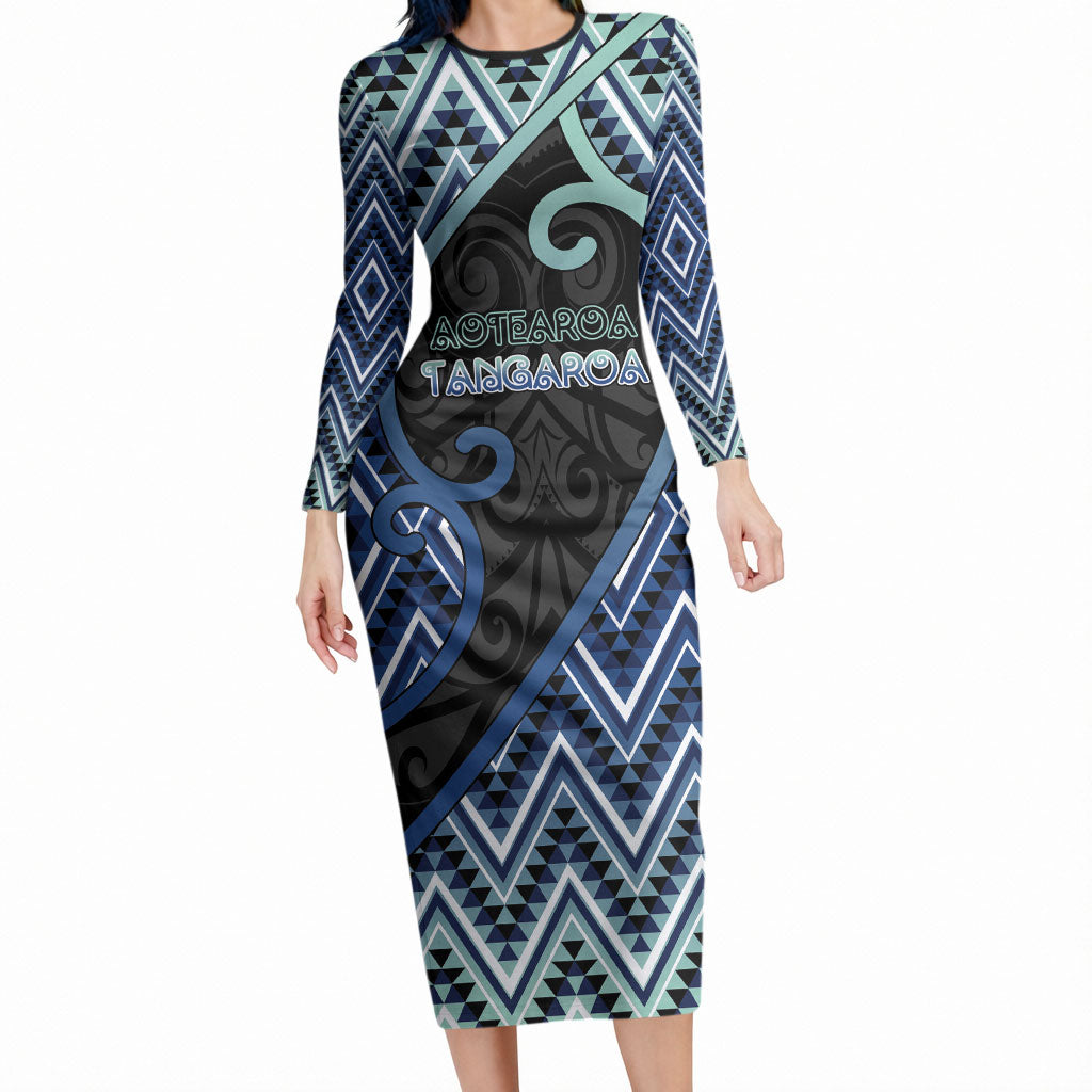 Custom Aotearoa Atua Tangaroa Long Sleeve Bodycon Dress God Of Ocean Koru Patterns
