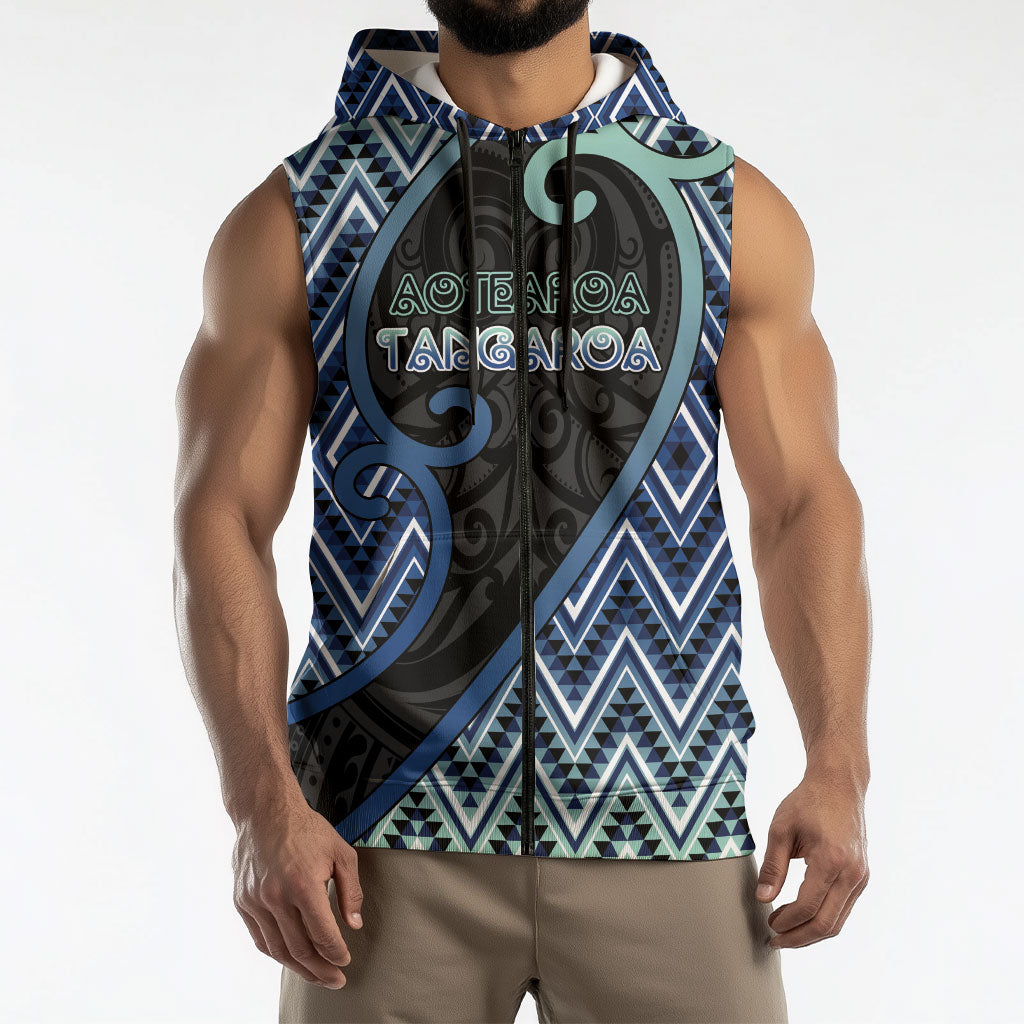 Custom Aotearoa Atua Tangaroa Sleeveless Zip Hoodie God Of Ocean Koru Patterns