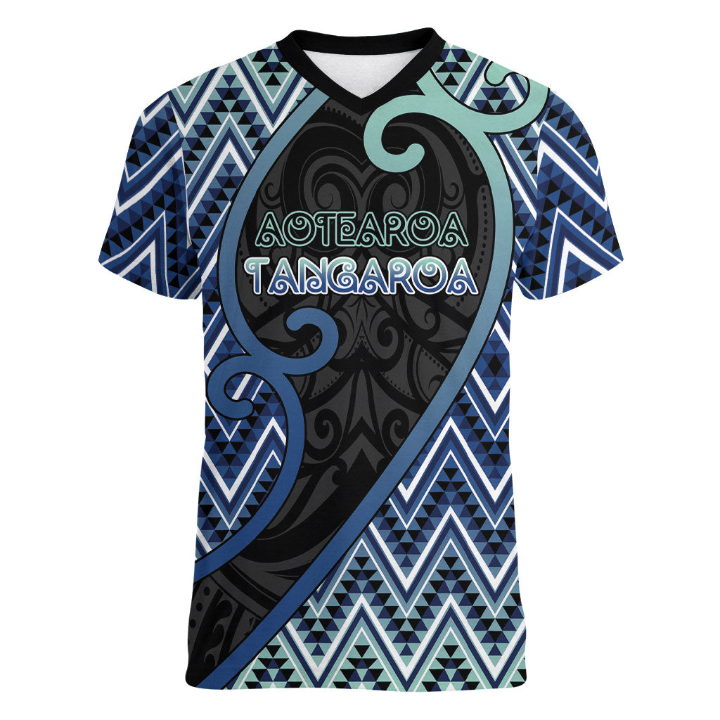 Custom Aotearoa Atua Tangaroa Women V-Neck T-Shirt God Of Ocean Koru Patterns