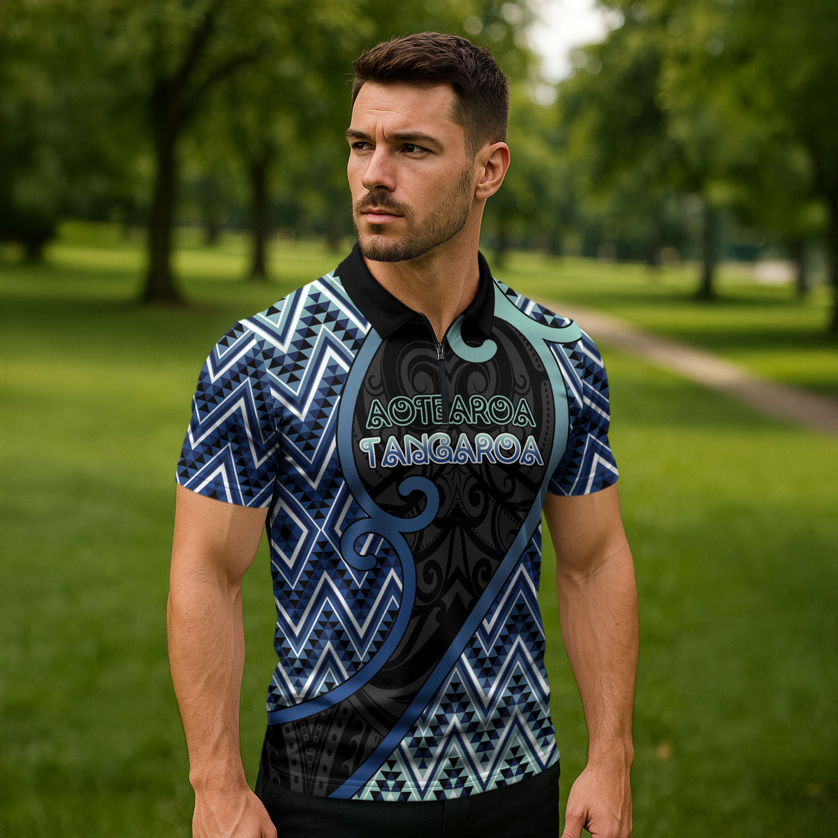 Custom Aotearoa Atua Tangaroa Zipper Polo Shirt God Of Ocean Koru Patterns