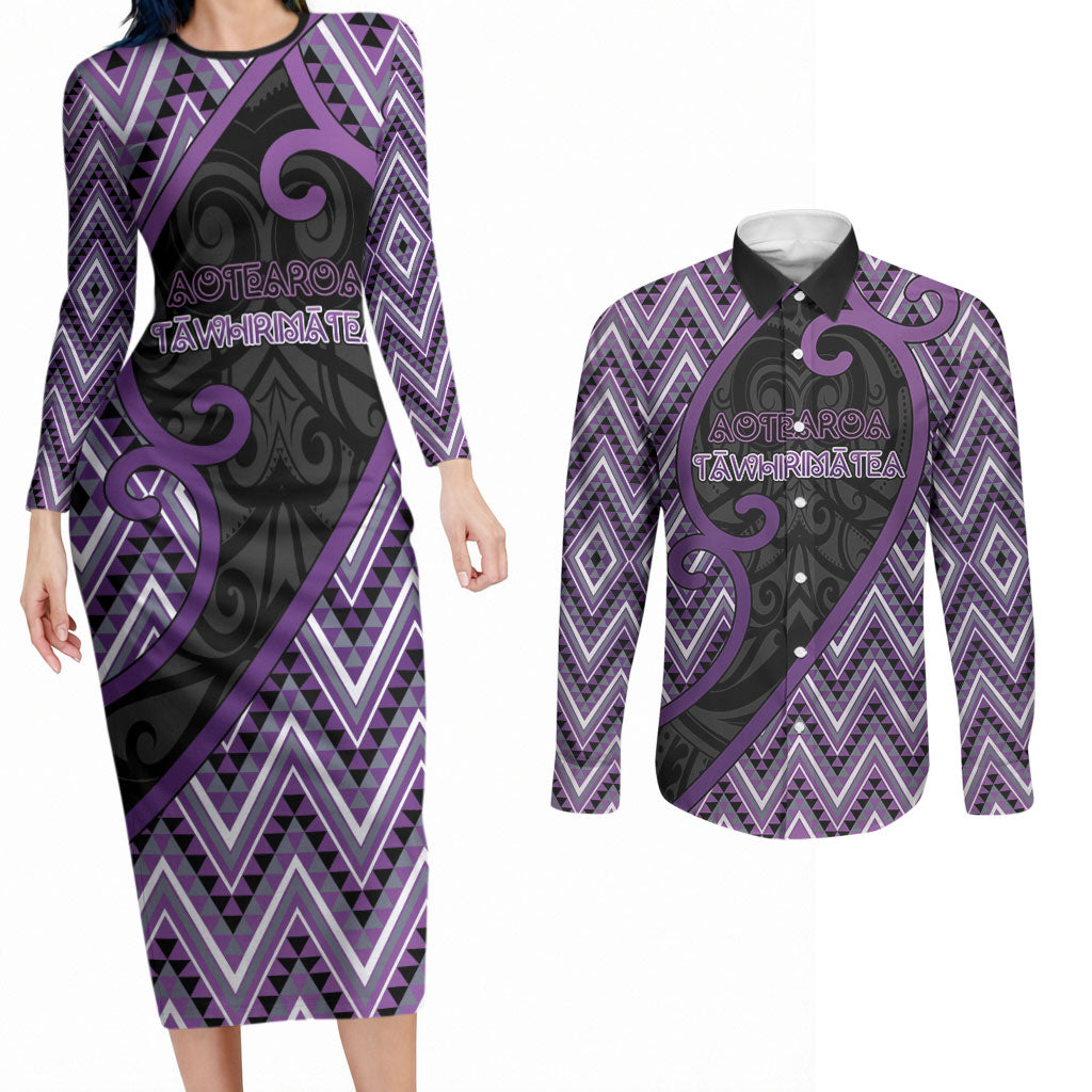 Custom Aotearoa Atua Tawhirimatea Couples Matching Long Sleeve Bodycon Dress and Long Sleeve Button Shirt God Of Storms Koru Patterns