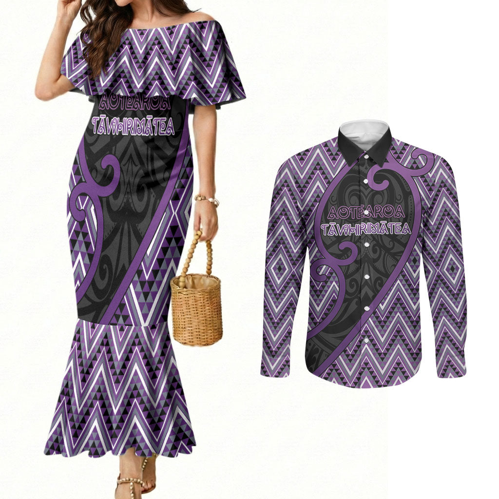Custom Aotearoa Atua Tawhirimatea Couples Matching Mermaid Dress and Long Sleeve Button Shirt God Of Storms Koru Patterns