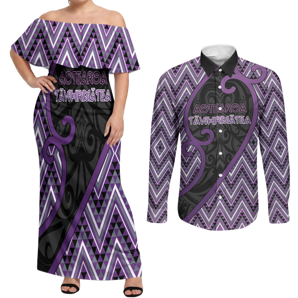 Custom Aotearoa Atua Tawhirimatea Couples Matching Off Shoulder Maxi Dress and Long Sleeve Button Shirt God Of Storms Koru Patterns