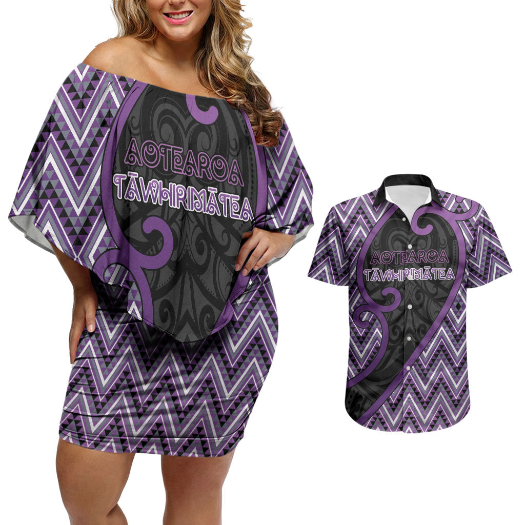Custom Aotearoa Atua Tawhirimatea Couples Matching Off Shoulder Short Dress and Hawaiian Shirt God Of Storms Koru Patterns