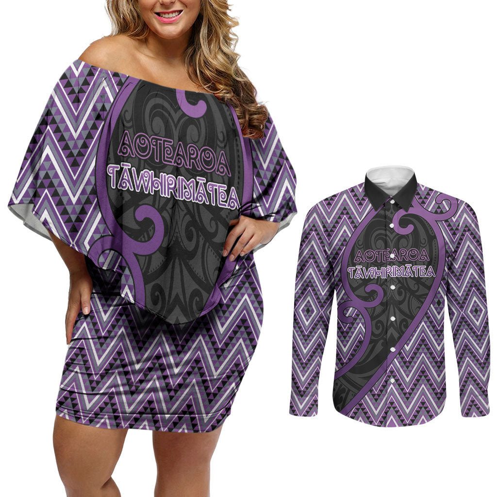 Custom Aotearoa Atua Tawhirimatea Couples Matching Off Shoulder Short Dress and Long Sleeve Button Shirt God Of Storms Koru Patterns