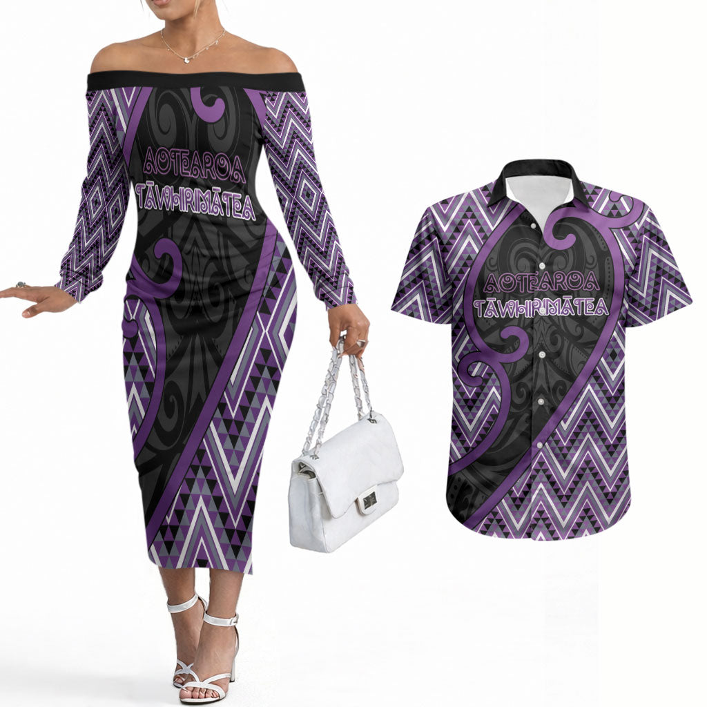 Custom Aotearoa Atua Tawhirimatea Couples Matching Off The Shoulder Long Sleeve Dress and Hawaiian Shirt God Of Storms Koru Patterns