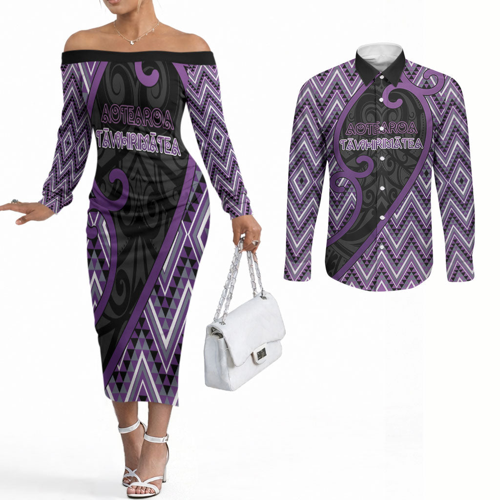 Custom Aotearoa Atua Tawhirimatea Couples Matching Off The Shoulder Long Sleeve Dress and Long Sleeve Button Shirt God Of Storms Koru Patterns