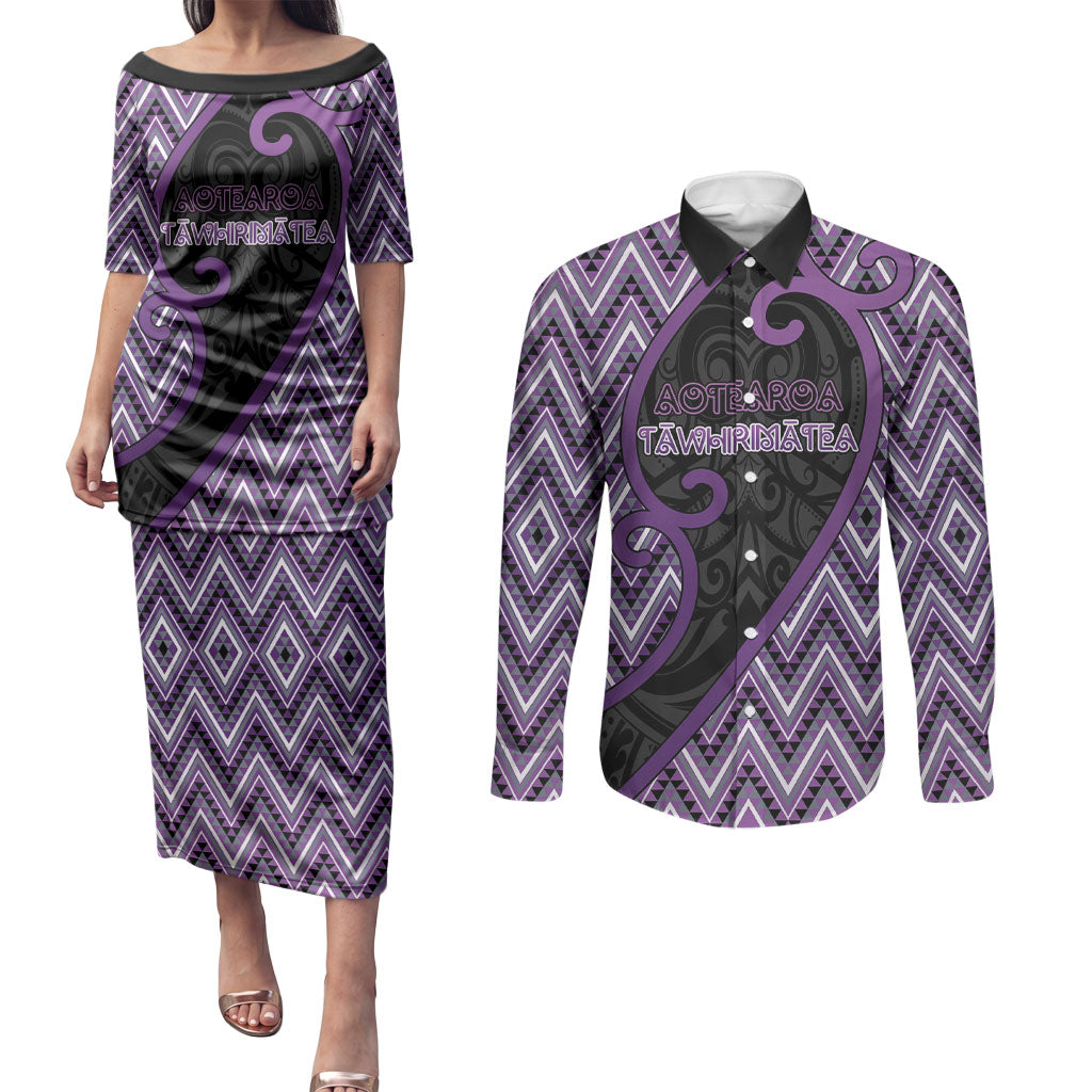 Custom Aotearoa Atua Tawhirimatea Couples Matching Puletasi and Long Sleeve Button Shirt God Of Storms Koru Patterns